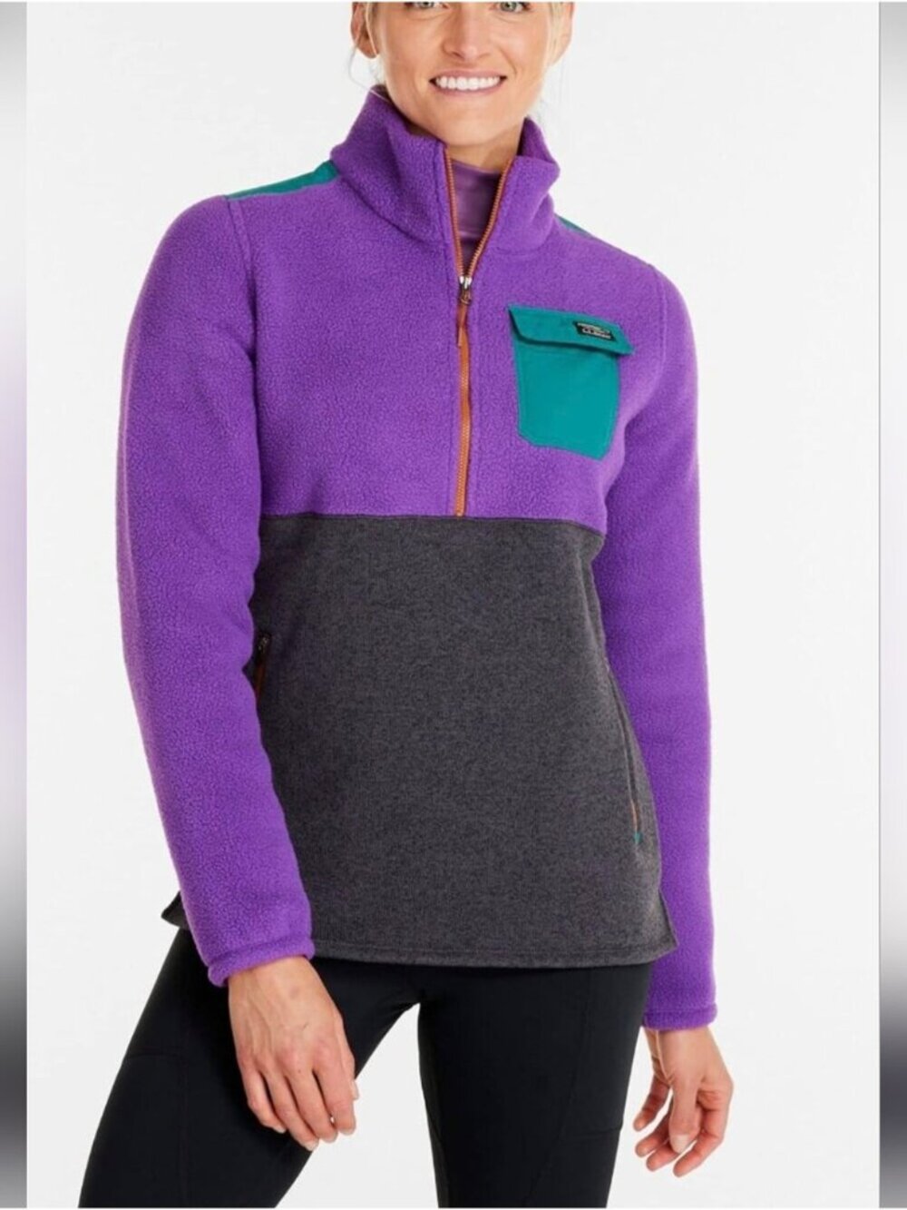 LL Bean Mountain Classic Fleece Pullover Purple Charcoal Colorblock M Regular